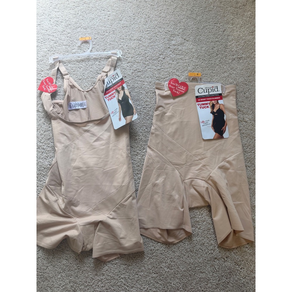 Cupid Extra Firm Control Shapewear Set Tummy Tuck Bodysuit Thigh Slimmer Beige M